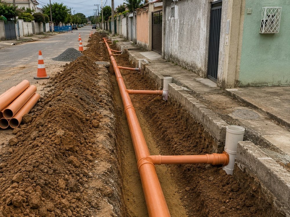 Obra de saneamento — ligações de esgoto em via urbana